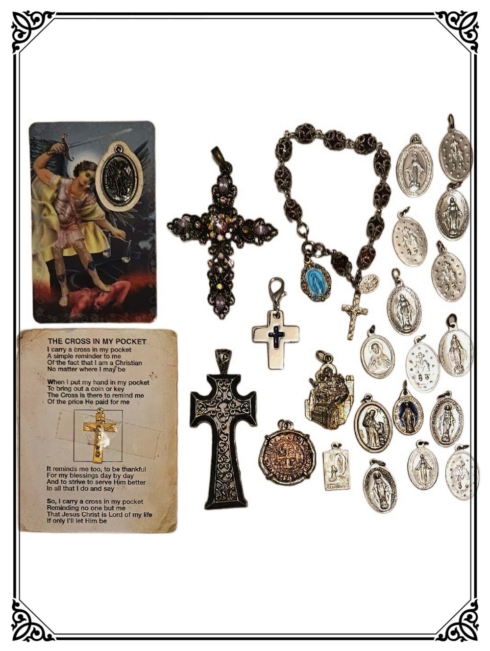 Silver Tone Assorted Religious Pendants And Rosary Bracelet Bundle